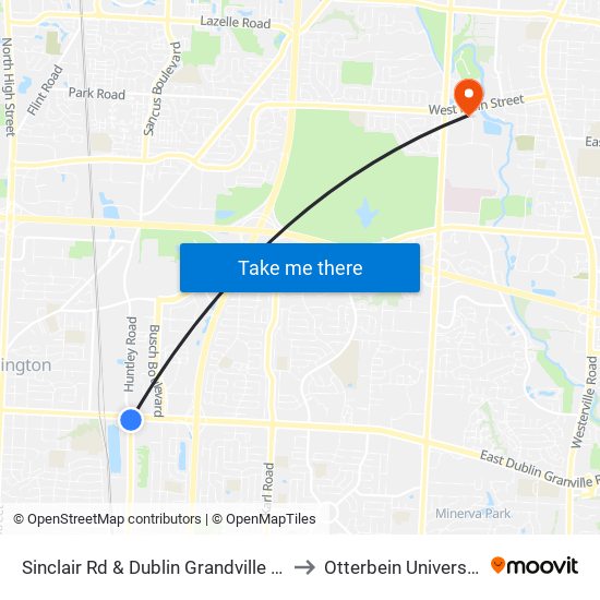 Sinclair Rd & Dublin Grandville Rd to Otterbein University map