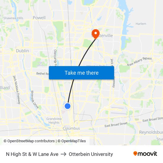 N High St & W Lane Ave to Otterbein University map