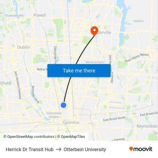 Herrick Dr Transit Hub to Otterbein University map