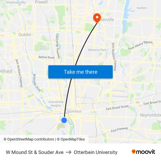 W Mound St & Souder Ave to Otterbein University map