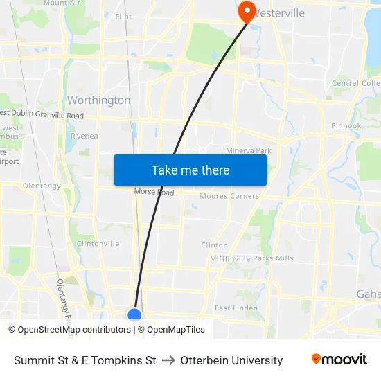 Summit St & E Tompkins St to Otterbein University map