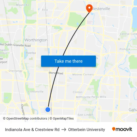 Indianola Ave & Crestview Rd to Otterbein University map