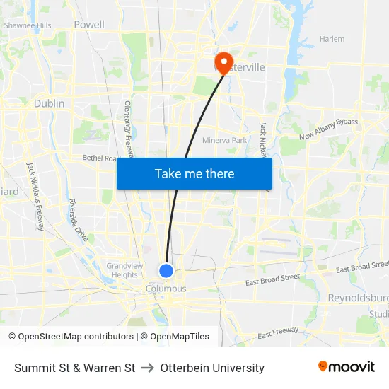 Summit St & Warren St to Otterbein University map