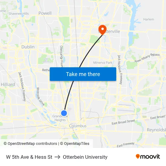 W 5th Ave & Hess St to Otterbein University map