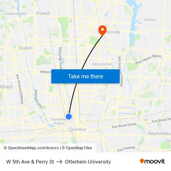 W 5th Ave & Perry St to Otterbein University map
