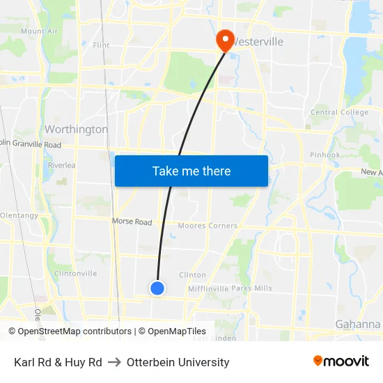 Karl Rd & Huy Rd to Otterbein University map