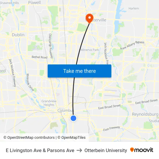 E Livingston Ave & Parsons Ave to Otterbein University map