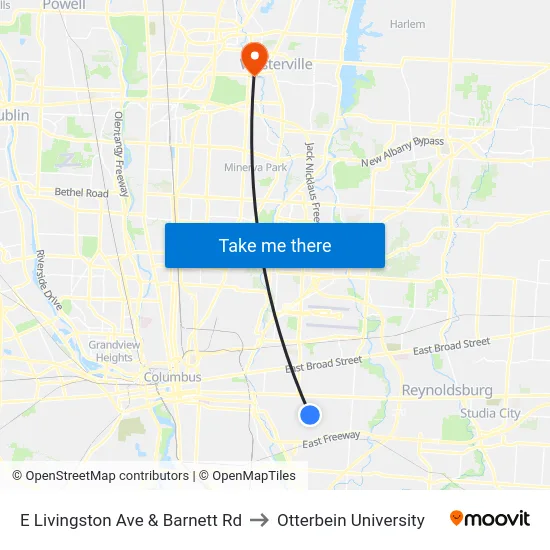 E Livingston Ave & Barnett Rd to Otterbein University map