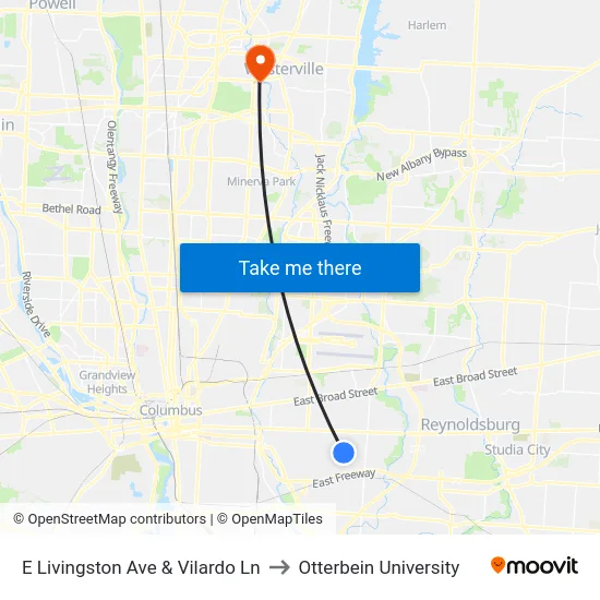 E Livingston Ave & Vilardo Ln to Otterbein University map