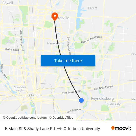 E Main St & Shady Lane Rd to Otterbein University map