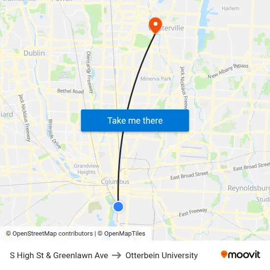 S High St & Greenlawn Ave to Otterbein University map