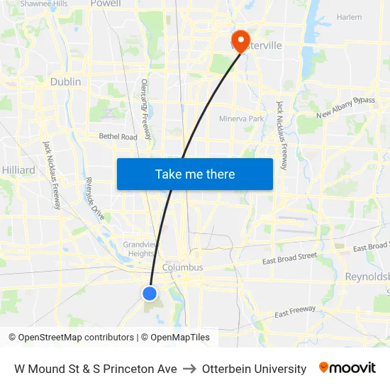 W Mound St & S Princeton Ave to Otterbein University map