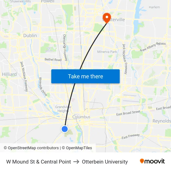 W Mound St & Central Point to Otterbein University map