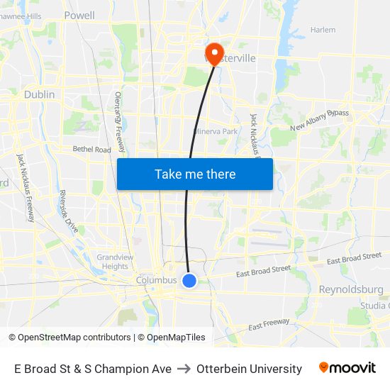 E Broad St & S Champion Ave to Otterbein University map