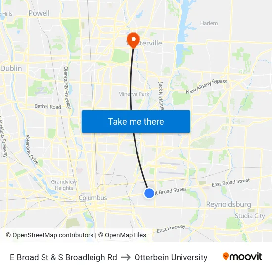 E Broad St & S Broadleigh Rd to Otterbein University map