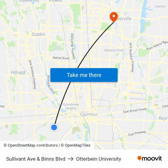 Sullivant Ave & Binns Blvd to Otterbein University map
