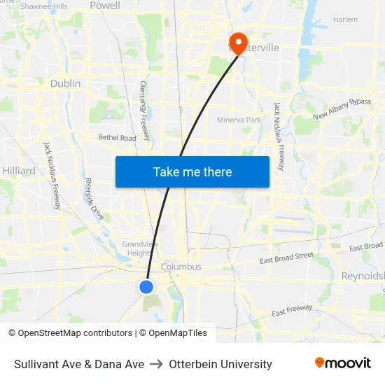 Sullivant Ave & Dana Ave to Otterbein University map