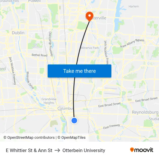 E Whittier St & Ann St to Otterbein University map