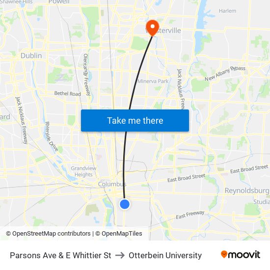 Parsons Ave & E Whittier St to Otterbein University map