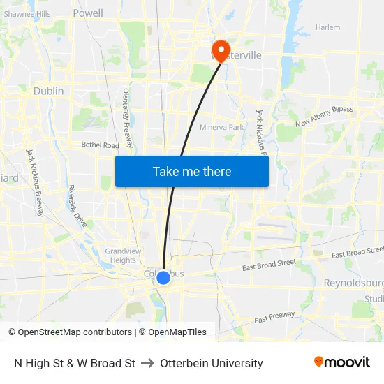 N High St & W Broad St to Otterbein University map