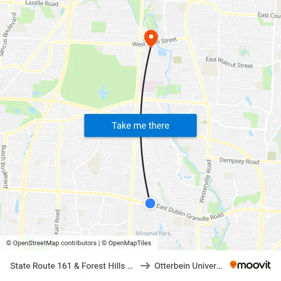 State Route 161 & Forest Hills Blvd to Otterbein University map