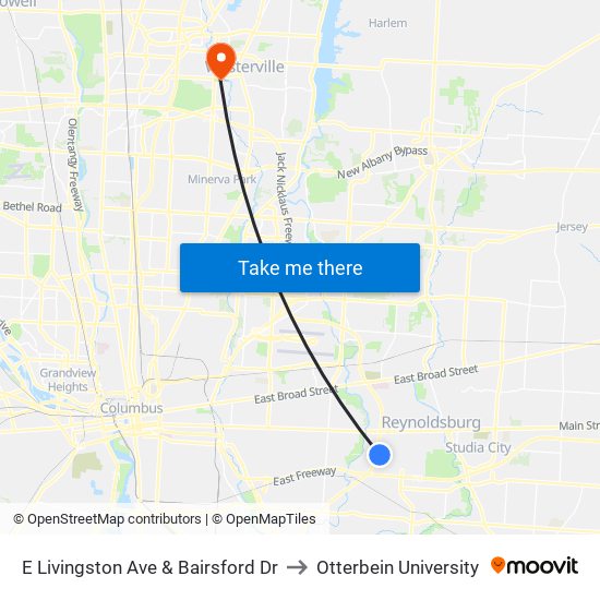 E Livingston Ave & Bairsford Dr to Otterbein University map
