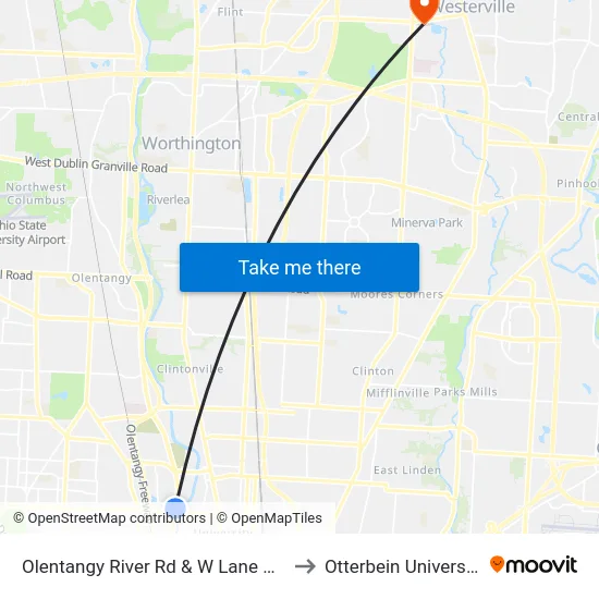 Olentangy River Rd & W Lane Ave to Otterbein University map