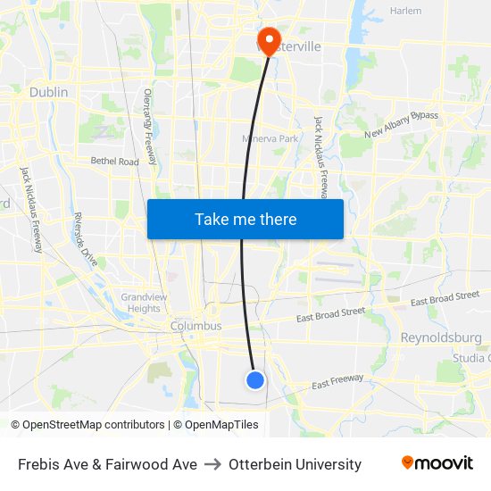 Frebis Ave & Fairwood Ave to Otterbein University map