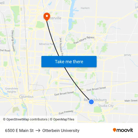 6500 E Main St to Otterbein University map