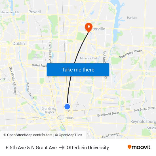 E 5th Ave & N Grant Ave to Otterbein University map