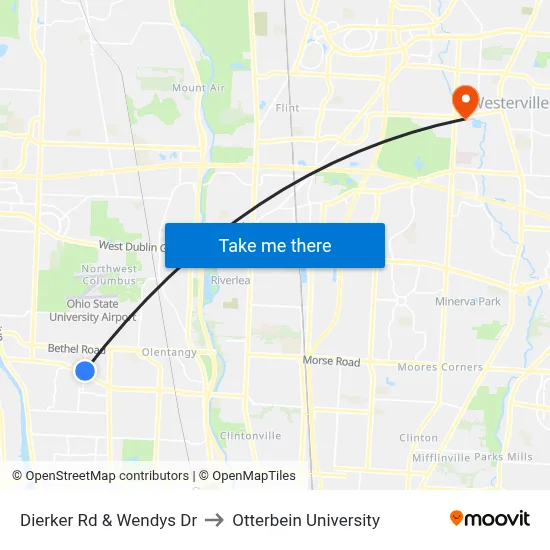 Dierker Rd & Wendys Dr to Otterbein University map