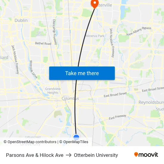 Parsons Ave & Hilock Ave to Otterbein University map