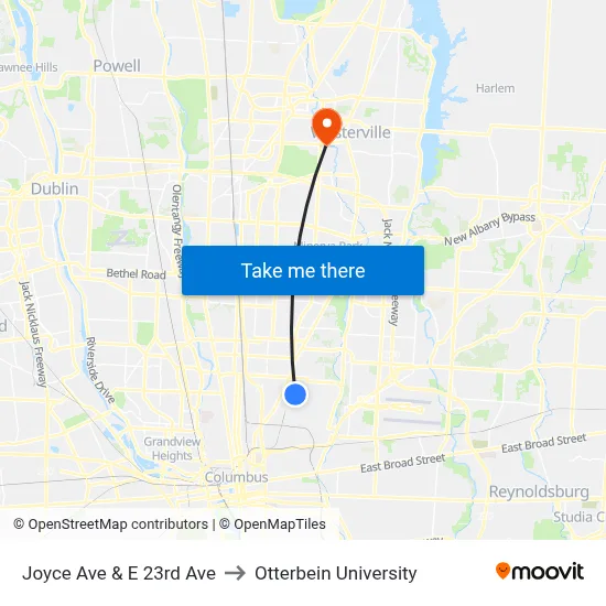 Joyce Ave & E 23rd Ave to Otterbein University map