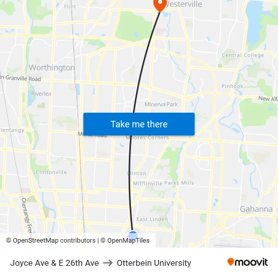 Joyce Ave & E 26th Ave to Otterbein University map