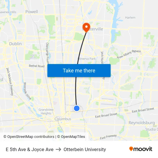 E 5th Ave & Joyce Ave to Otterbein University map