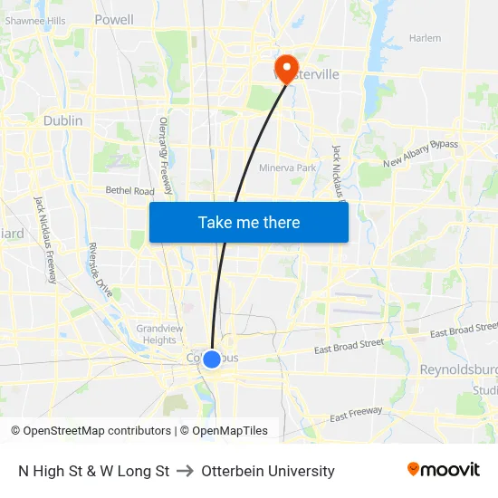 N High St & W Long St to Otterbein University map