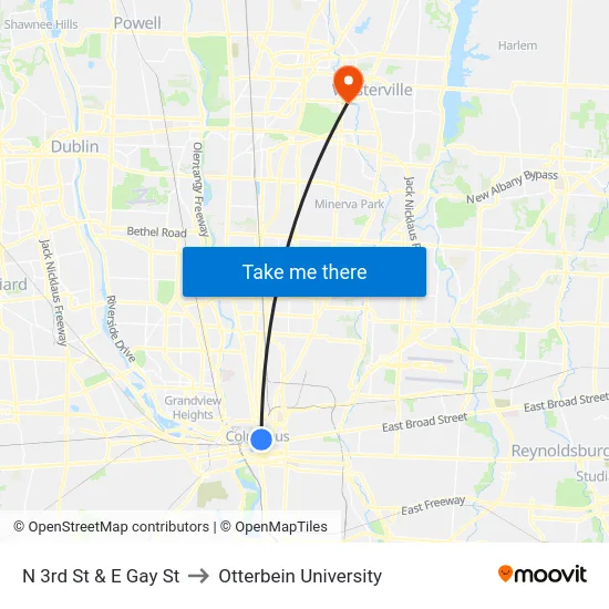 N 3rd St & E Gay St to Otterbein University map