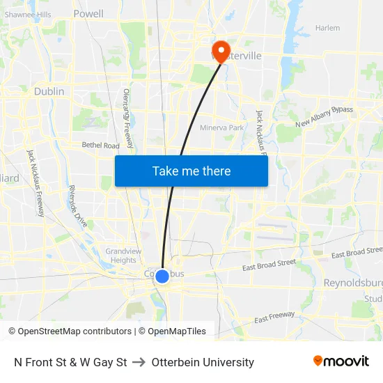 N Front St & W Gay St to Otterbein University map