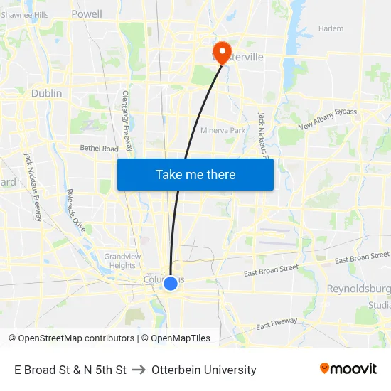 E Broad St & N 5th St to Otterbein University map