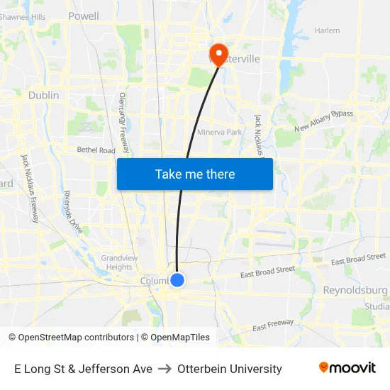 E Long St & Jefferson Ave to Otterbein University map