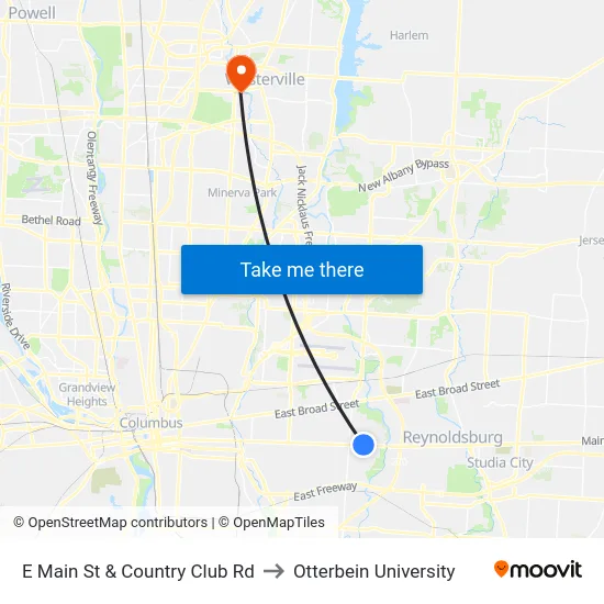 E Main St & Country Club Rd to Otterbein University map