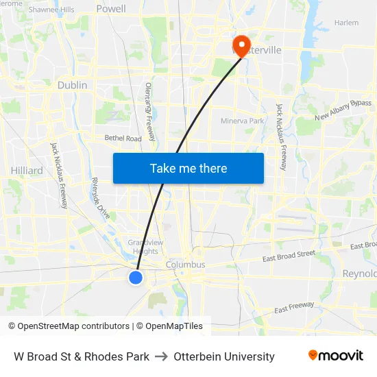 W Broad St & Rhodes Park to Otterbein University map