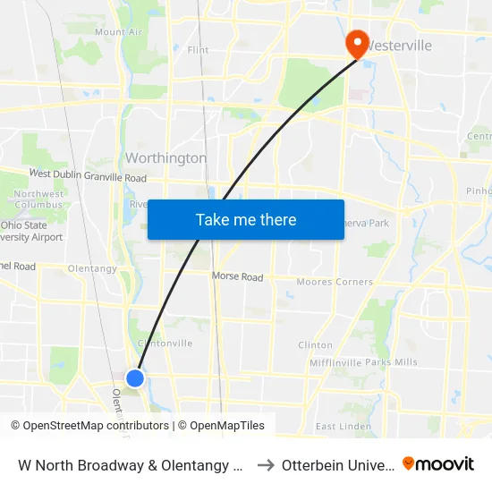 W North Broadway & Olentangy River Rd to Otterbein University map