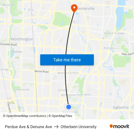 Perdue Ave & Denune Ave to Otterbein University map