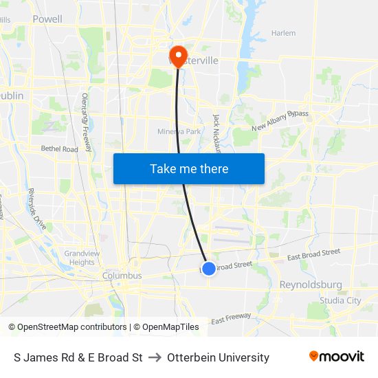 S James Rd & E Broad St to Otterbein University map