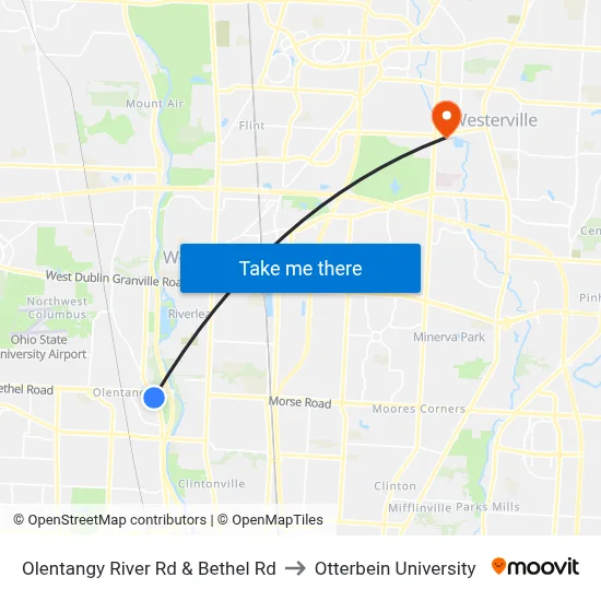Olentangy River Rd & Bethel Rd to Otterbein University map