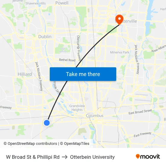 W Broad St & Phillipi Rd to Otterbein University map
