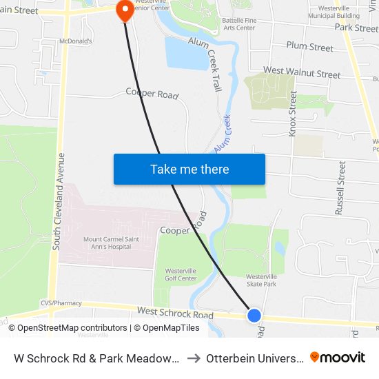 W Schrock Rd & Park Meadow Rd to Otterbein University map