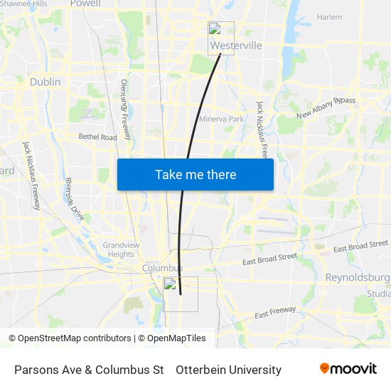 Parsons Ave & Columbus St to Otterbein University map