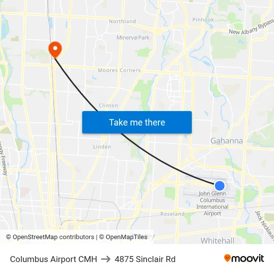 Columbus Airport CMH to 4875 Sinclair Rd map
